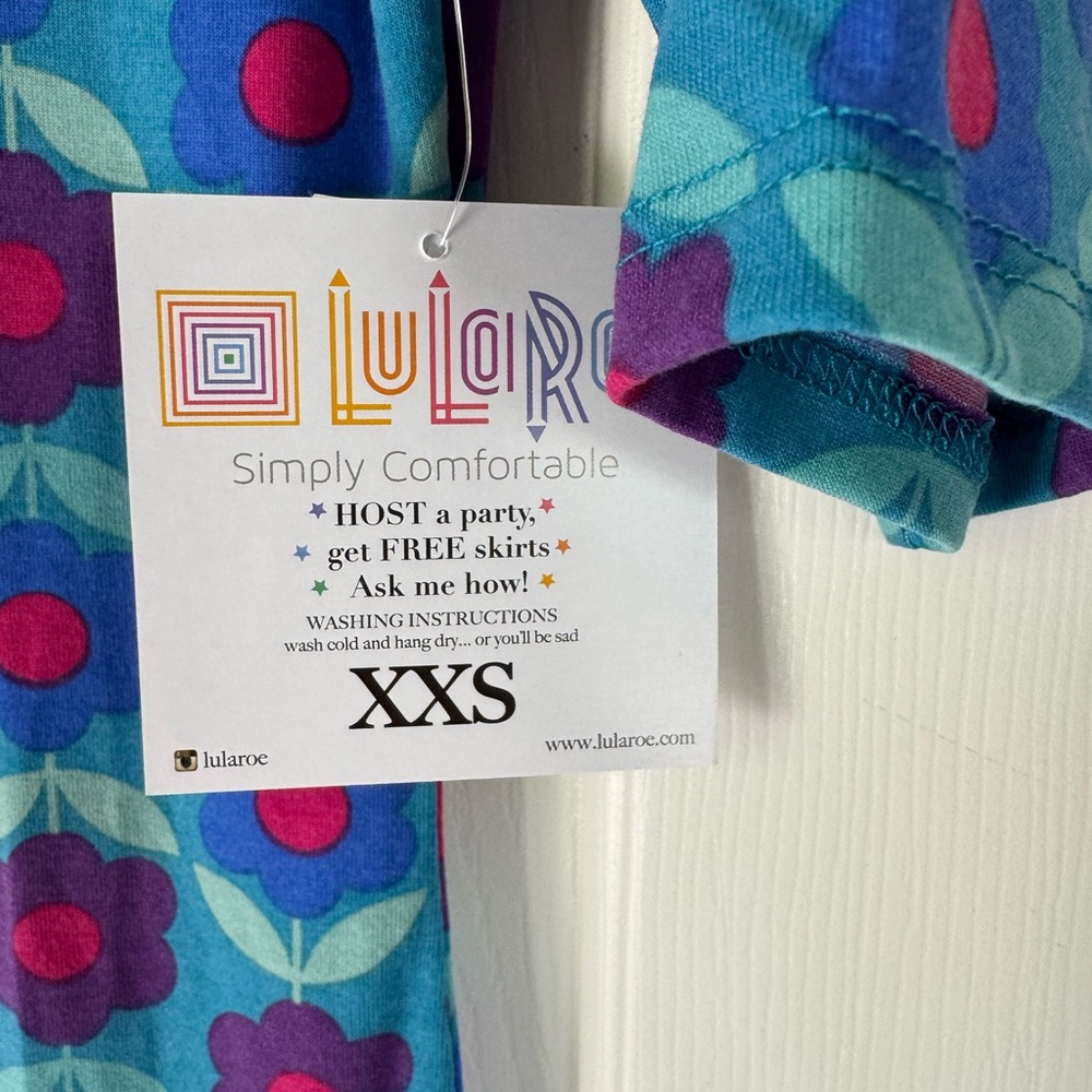 LuLaRoe Julia Blue and Pink Flowered Dress with Mid Length Sleeves - Picture 6 of 9